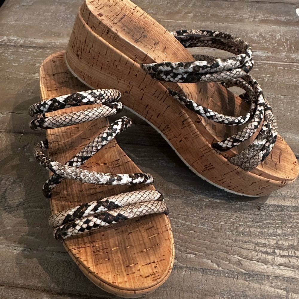 J Slides Snakeskin Cork Wedge Sandals